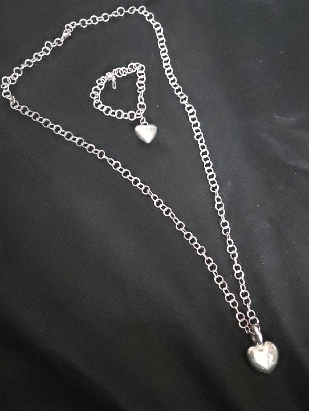Vintage Sterling Silver Hollow Hearts Pendant Necklace and Bracelet Set